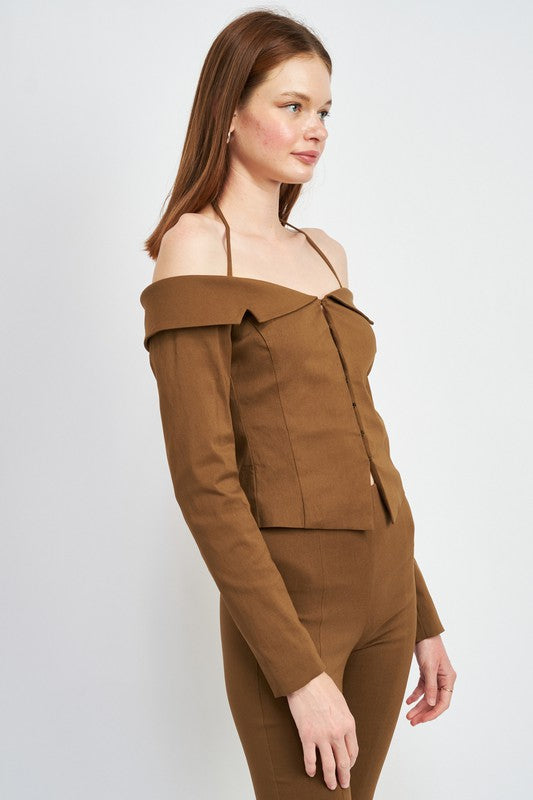 SPAGHETTI STRAP OFF SHOULDER TOP