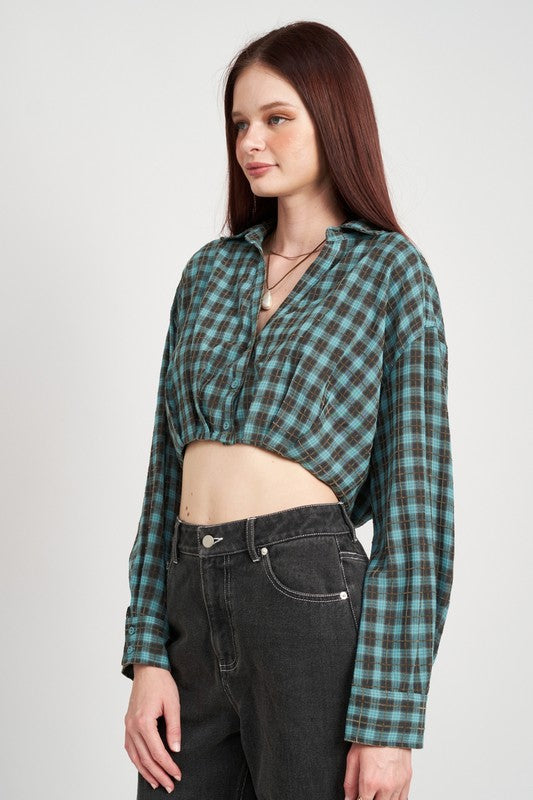 CROPPED BUTTON UP SHIRT WITH ELASTIC WAISTBAND